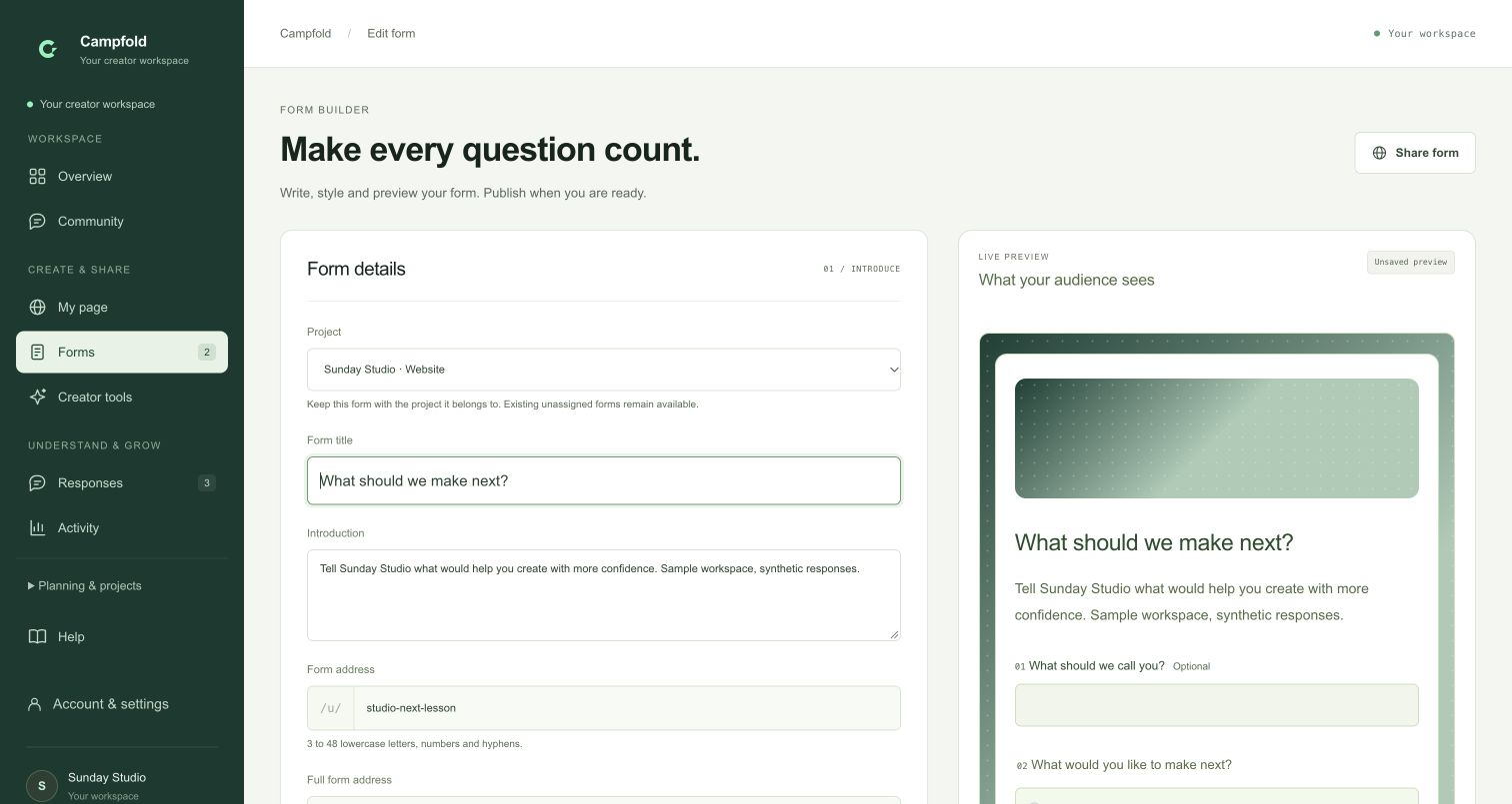 Actual Campfold form builder with synthetic questions and preview.
